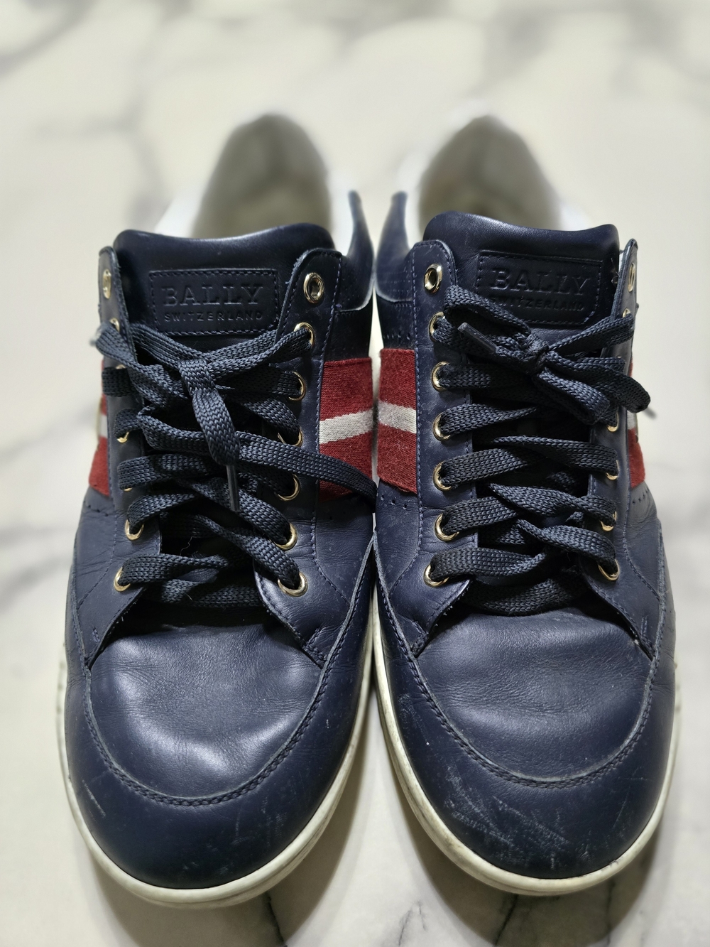 Bally Men's Navy Leather Sneakers with Red Stripe